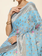 Janasya Sky Blue Chanderi Silk Ethnic Motifs Woven Design Saree | Grocsy