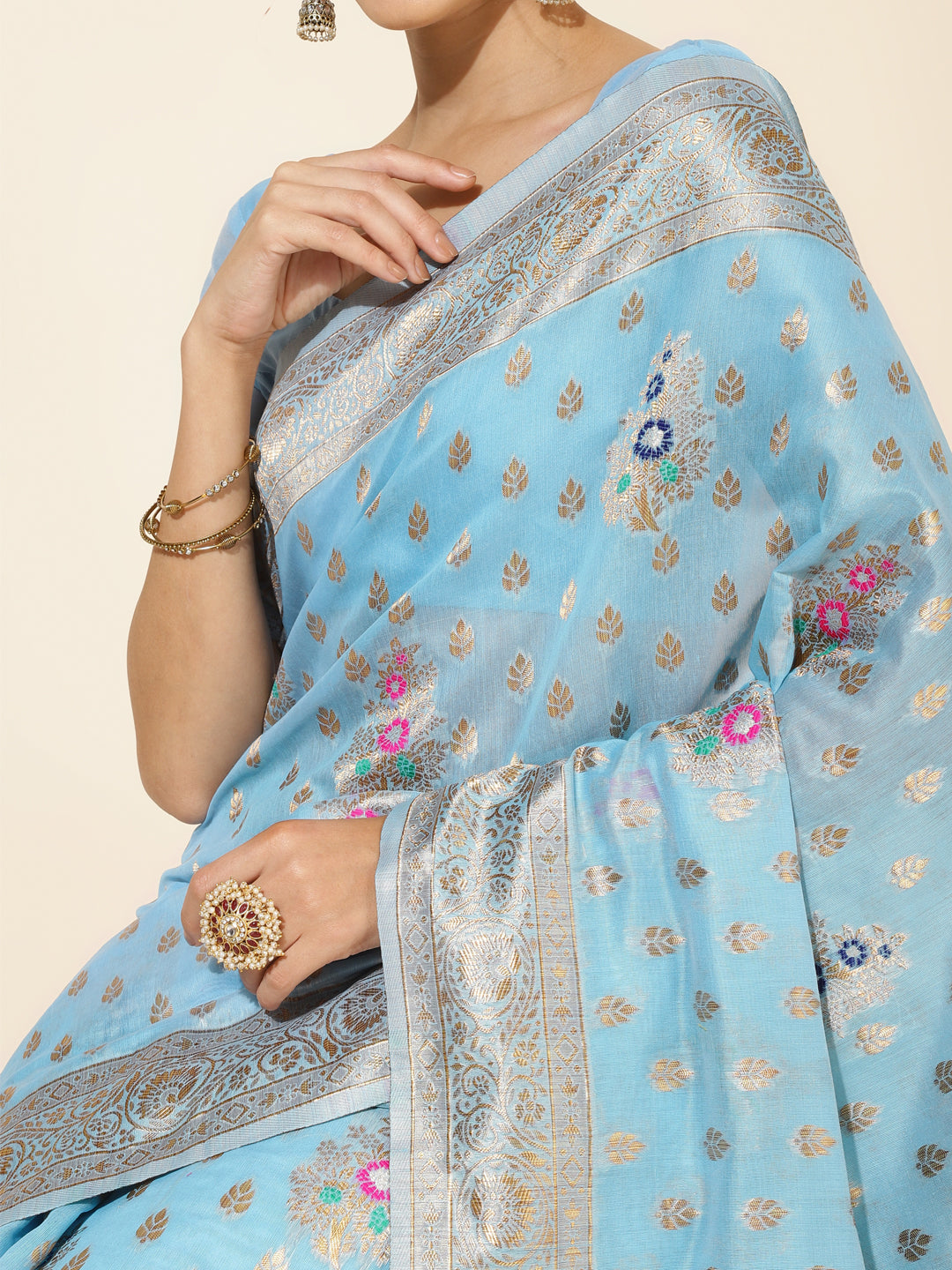 Janasya Sky Blue Chanderi Silk Ethnic Motifs Woven Design Saree | Grocsy