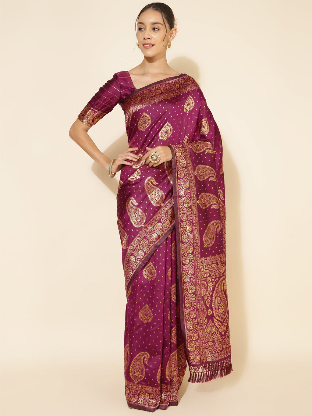 Janasya Wine Banarasi Silk Woven Ethnic Motifs Banarasi Silk Saree | Grocsy