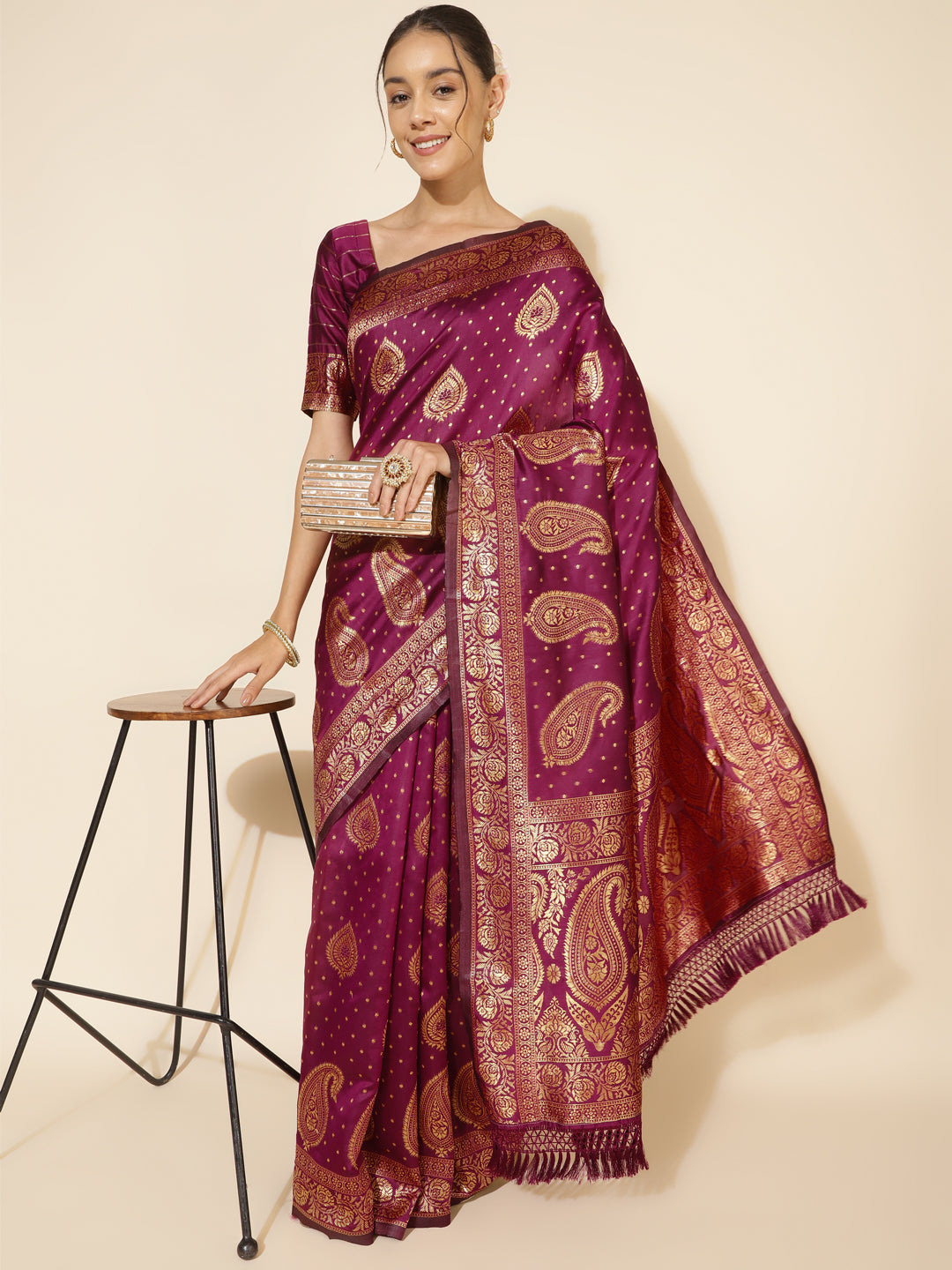 Janasya Wine Banarasi Silk Woven Ethnic Motifs Banarasi Silk Saree | Grocsy