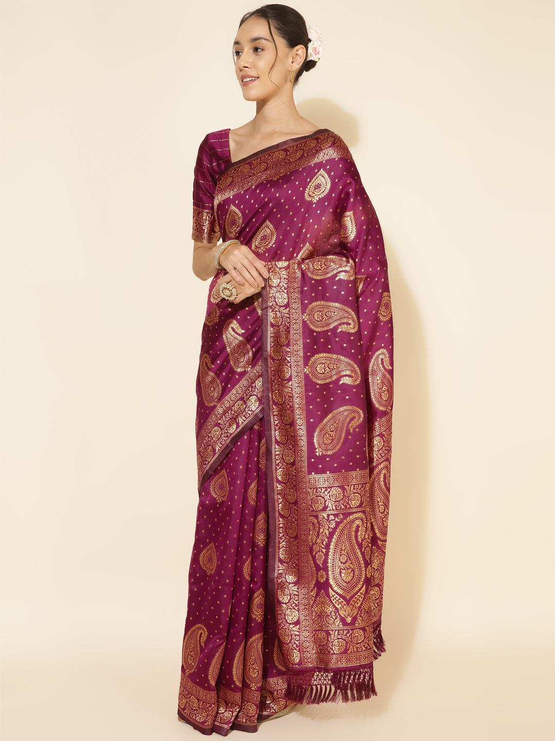 Janasya Wine Banarasi Silk Woven Ethnic Motifs Banarasi Silk Saree | Grocsy