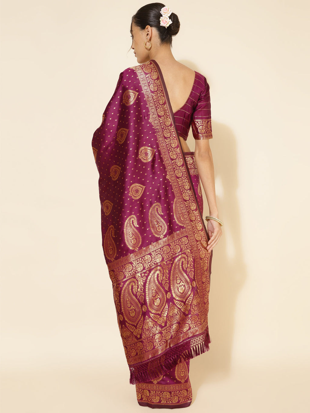Janasya Wine Banarasi Silk Woven Ethnic Motifs Banarasi Silk Saree | Grocsy