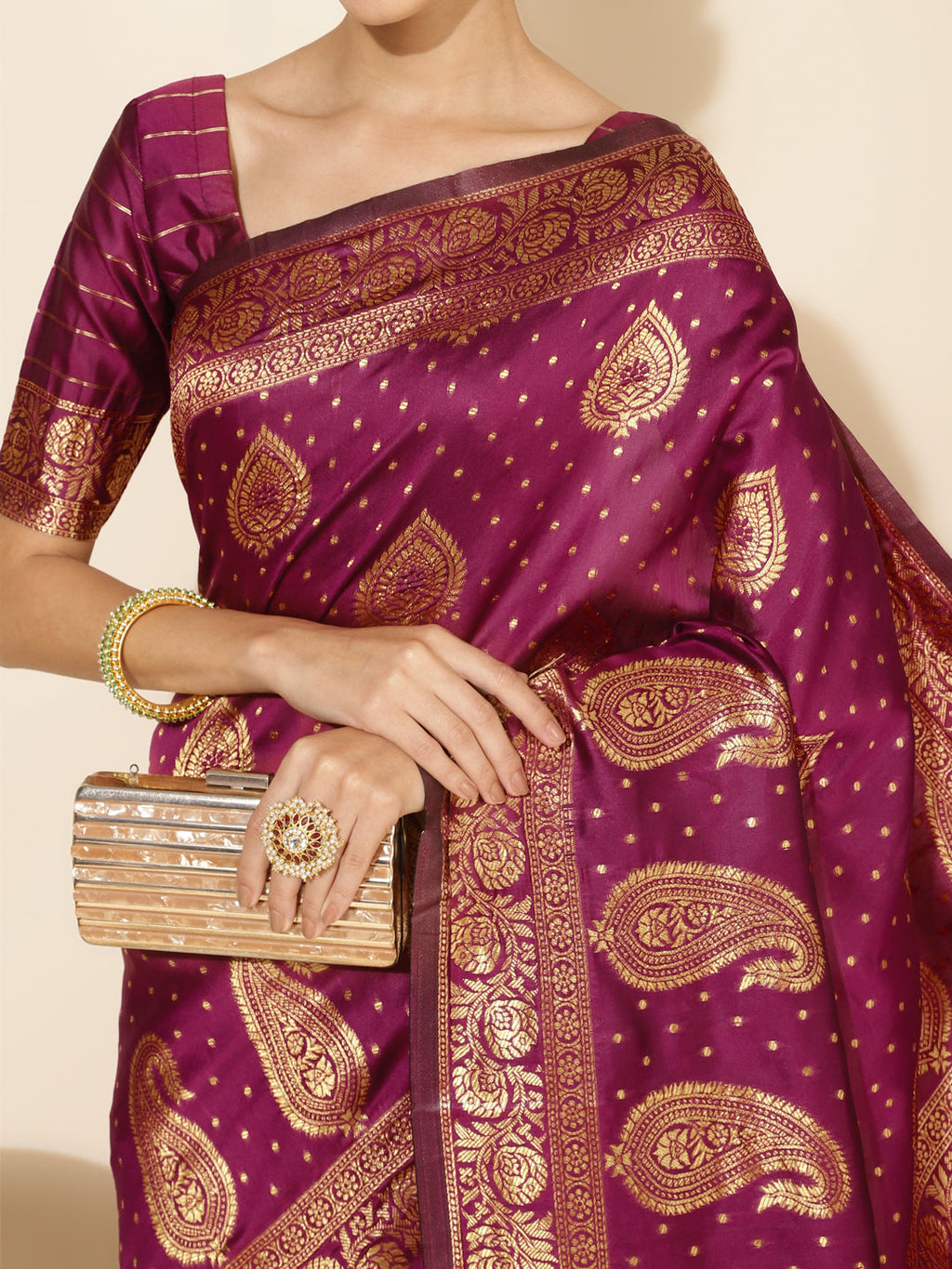 Janasya Wine Banarasi Silk Woven Ethnic Motifs Banarasi Silk Saree | Grocsy