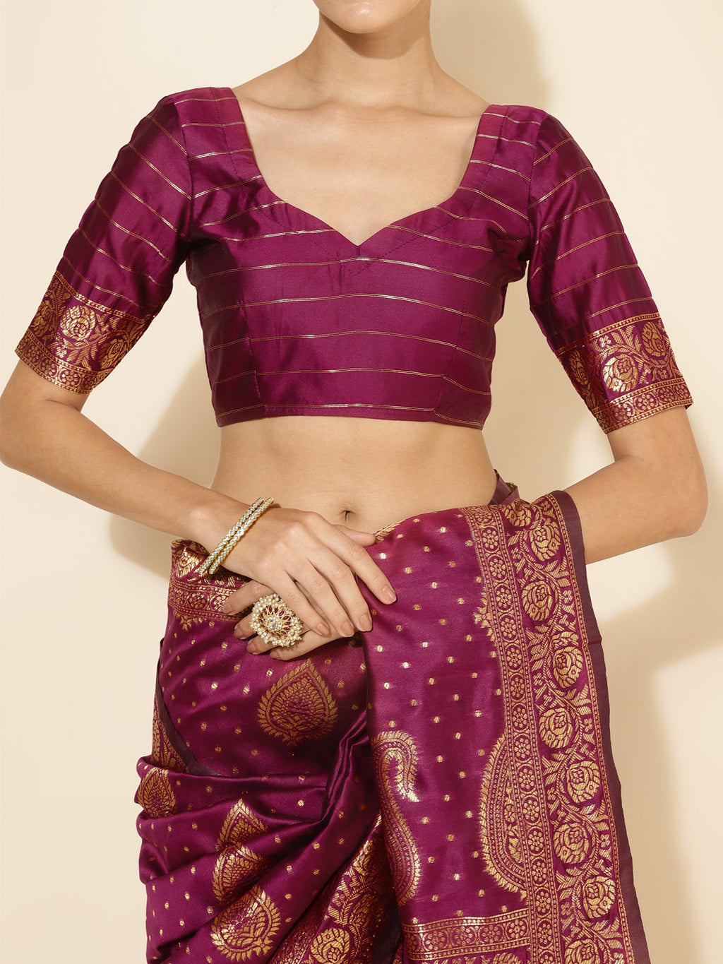 Janasya Wine Banarasi Silk Woven Ethnic Motifs Banarasi Silk Saree | Grocsy