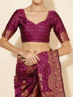 Janasya Wine Banarasi Silk Woven Ethnic Motifs Banarasi Silk Saree | Grocsy