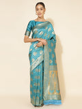 Janasya Turquoise Blue Banarasi Silk Woven Ethnic Motifs Banarasi Silk Saree | Grocsy