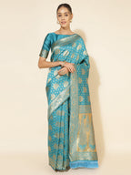 Janasya Turquoise Blue Banarasi Silk Woven Ethnic Motifs Banarasi Silk Saree | Grocsy