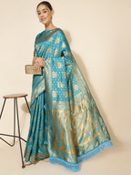 Janasya Turquoise Blue Banarasi Silk Woven Ethnic Motifs Banarasi Silk Saree | Grocsy