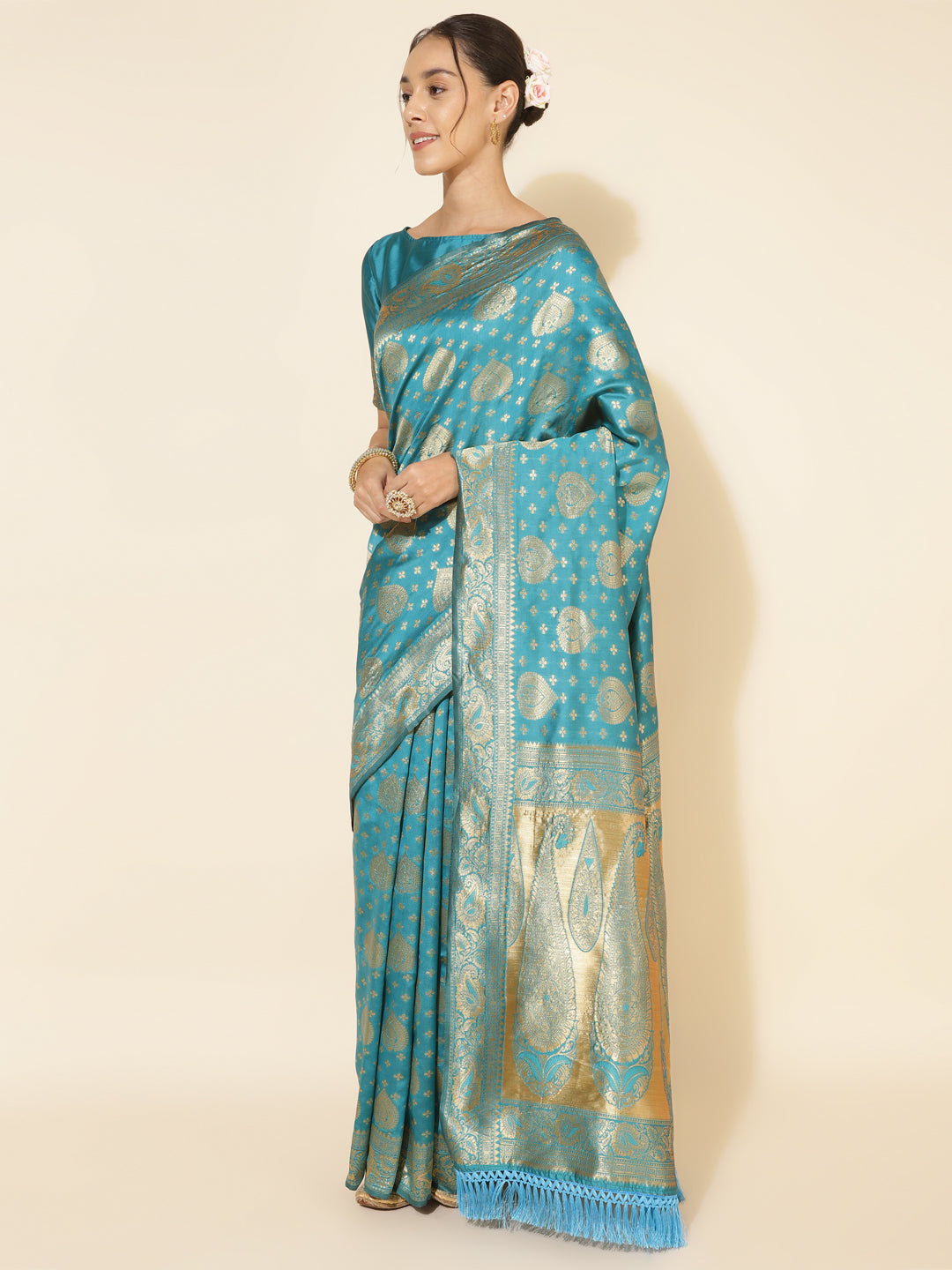 Janasya Turquoise Blue Banarasi Silk Woven Ethnic Motifs Banarasi Silk Saree | Grocsy