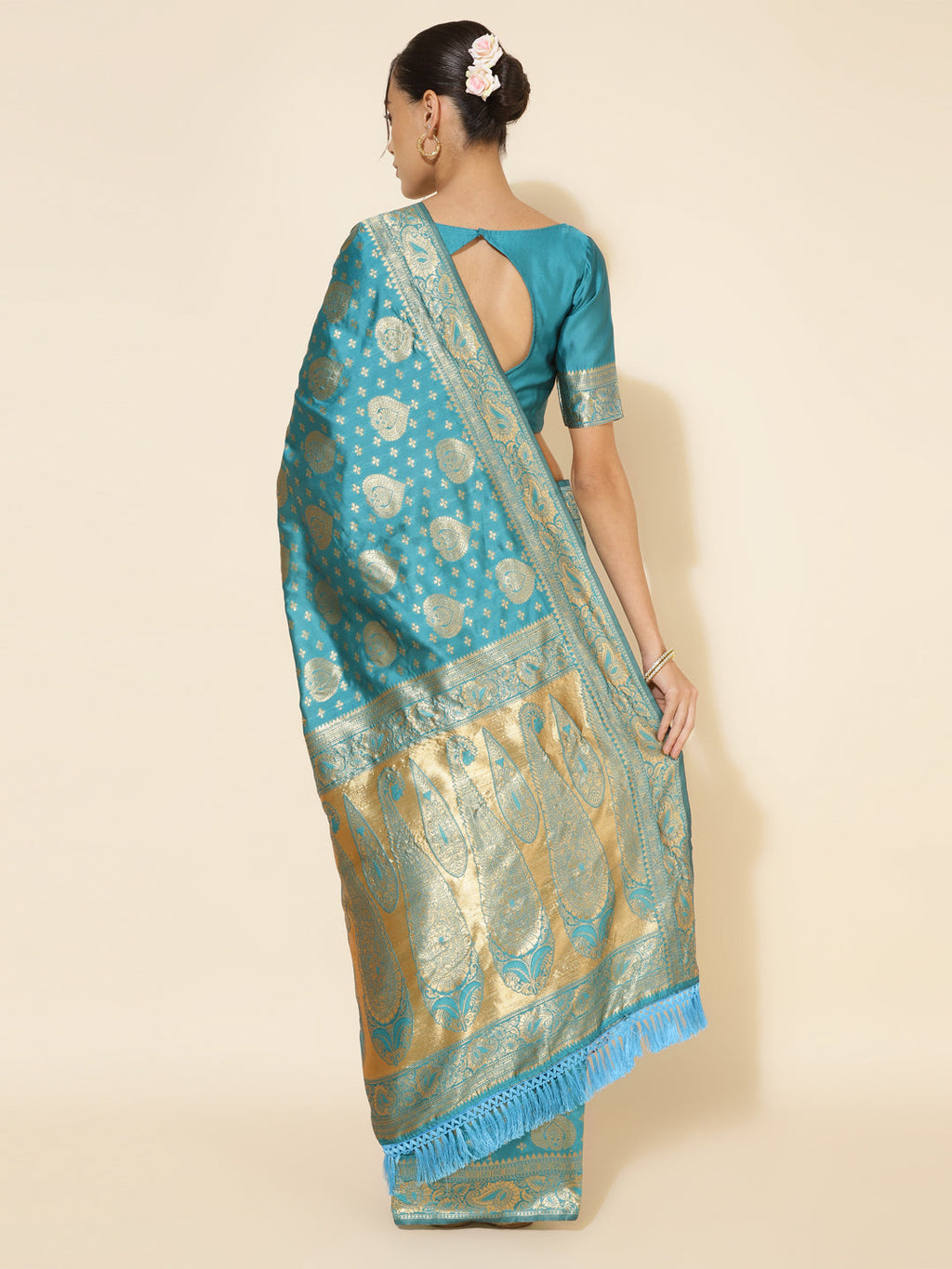 Janasya Turquoise Blue Banarasi Silk Woven Ethnic Motifs Banarasi Silk Saree | Grocsy