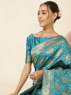 Janasya Turquoise Blue Banarasi Silk Woven Ethnic Motifs Banarasi Silk Saree | Grocsy