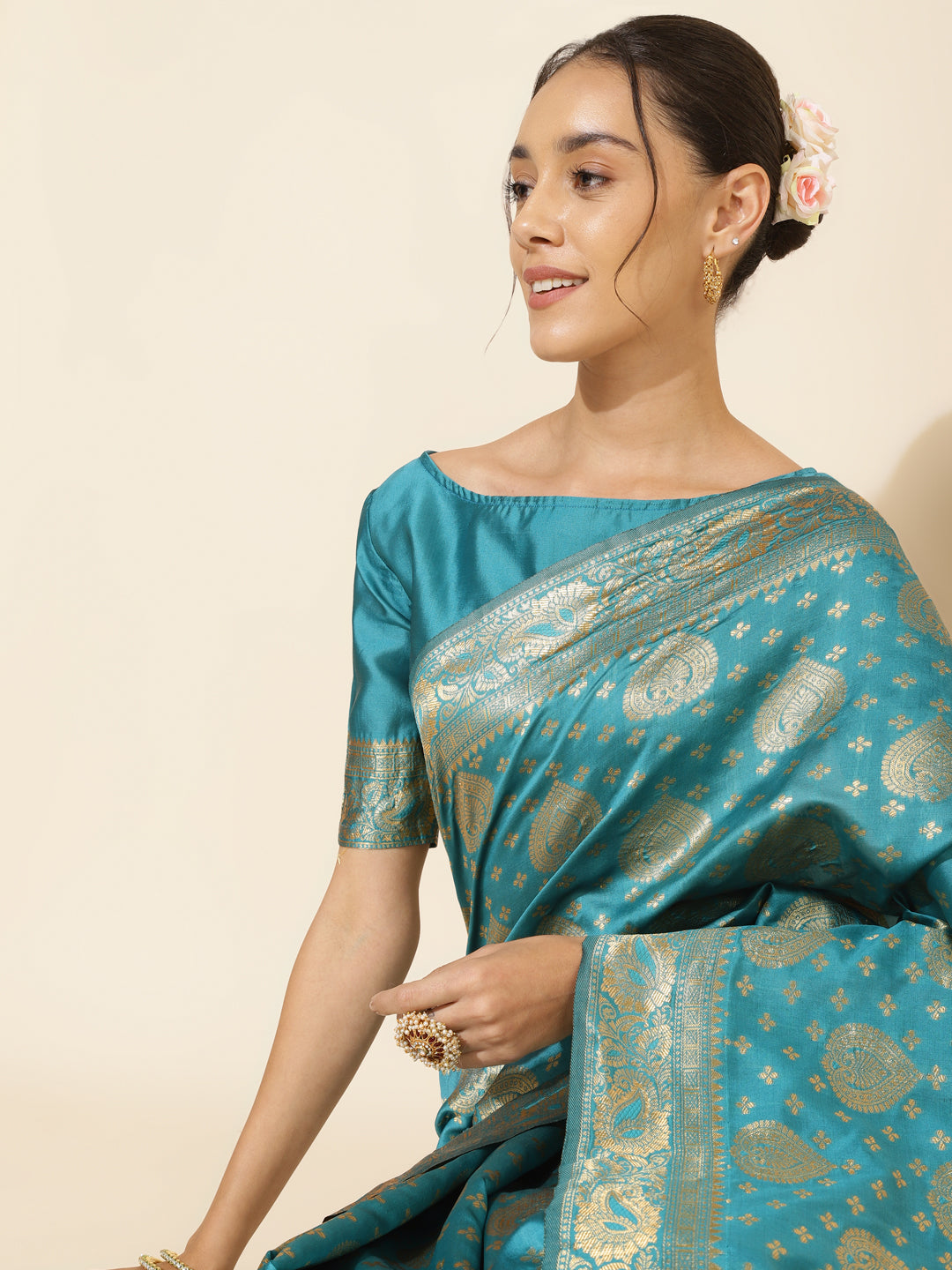 Janasya Turquoise Blue Banarasi Silk Woven Ethnic Motifs Banarasi Silk Saree | Grocsy