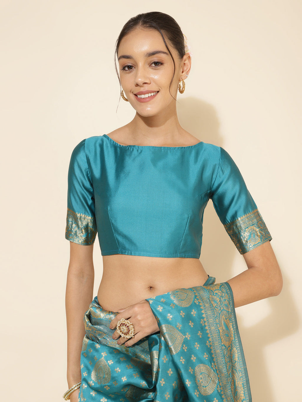 Janasya Turquoise Blue Banarasi Silk Woven Ethnic Motifs Banarasi Silk Saree | Grocsy