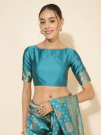 Janasya Turquoise Blue Banarasi Silk Woven Ethnic Motifs Banarasi Silk Saree | Grocsy