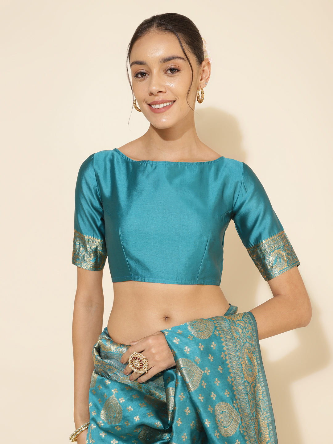 Janasya Turquoise Blue Banarasi Silk Woven Ethnic Motifs Banarasi Silk Saree | Grocsy