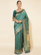 Janasya Peacock Green Silk Woven Ethnic Motifs Banarasi Silk Saree | Grocsy