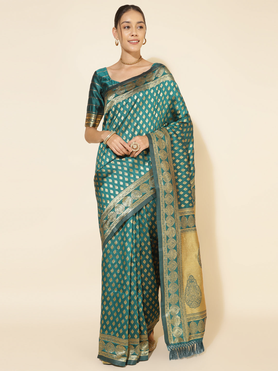 Janasya Peacock Green Silk Woven Ethnic Motifs Banarasi Silk Saree | Grocsy