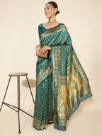 Janasya Peacock Green Silk Woven Ethnic Motifs Banarasi Silk Saree | Grocsy