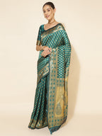 Janasya Peacock Green Silk Woven Ethnic Motifs Banarasi Silk Saree | Grocsy