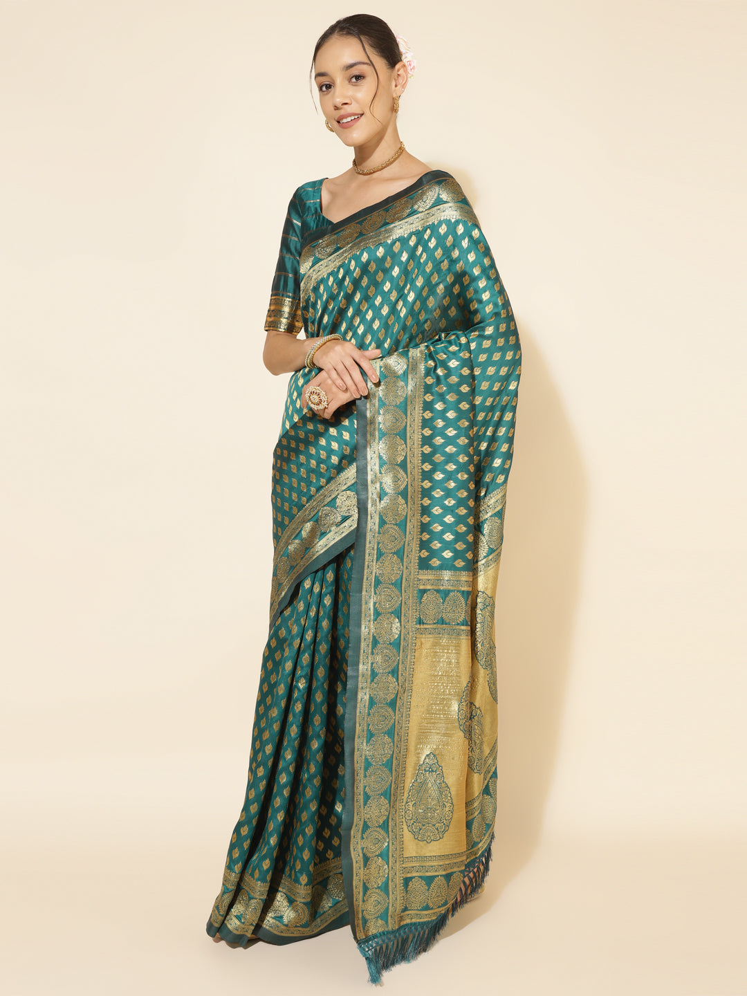 Janasya Peacock Green Silk Woven Ethnic Motifs Banarasi Silk Saree | Grocsy