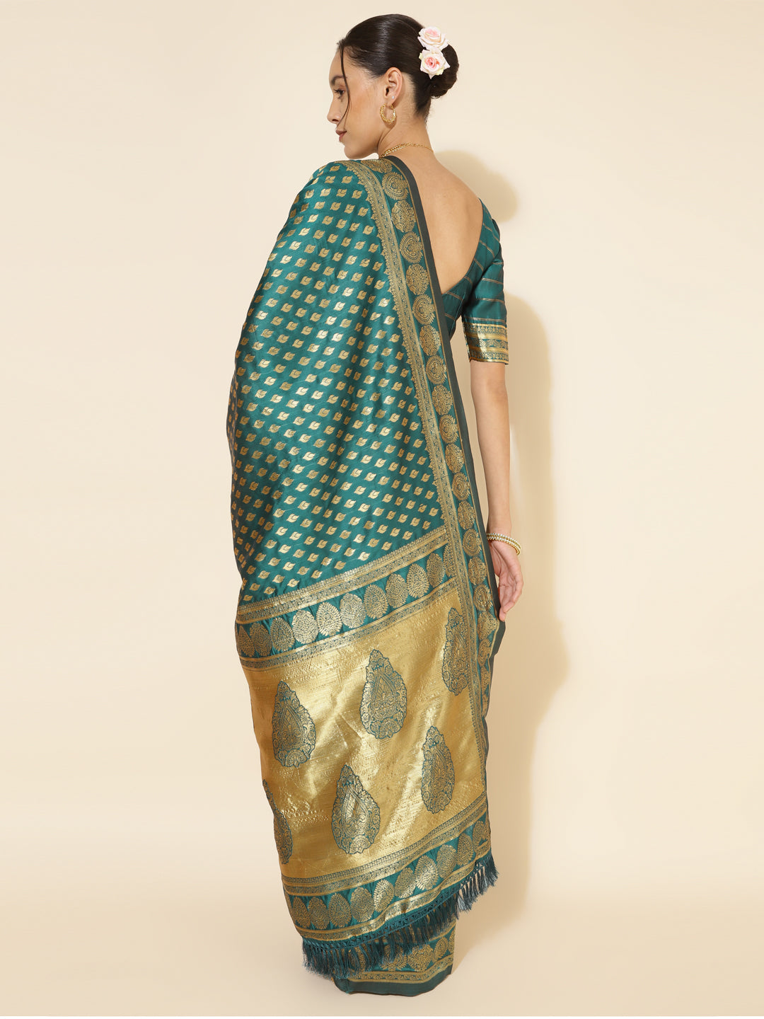Janasya Peacock Green Silk Woven Ethnic Motifs Banarasi Silk Saree | Grocsy