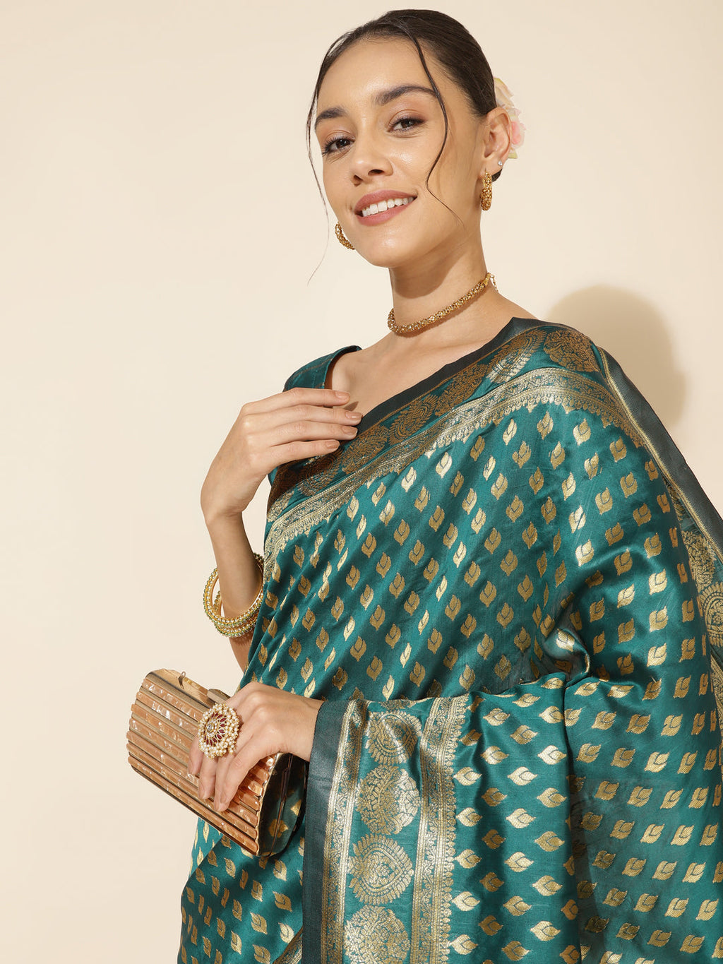Janasya Peacock Green Silk Woven Ethnic Motifs Banarasi Silk Saree | Grocsy