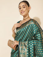 Janasya Peacock Green Silk Woven Ethnic Motifs Banarasi Silk Saree | Grocsy