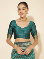 Janasya Peacock Green Silk Woven Ethnic Motifs Banarasi Silk Saree | Grocsy