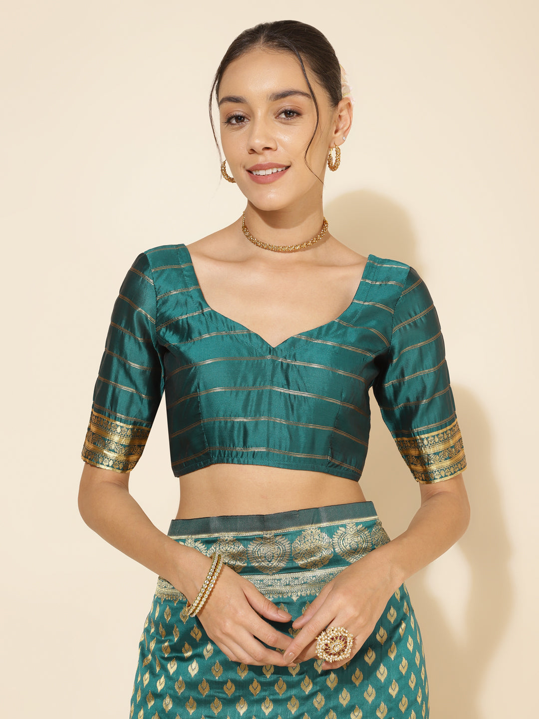 Janasya Peacock Green Silk Woven Ethnic Motifs Banarasi Silk Saree | Grocsy