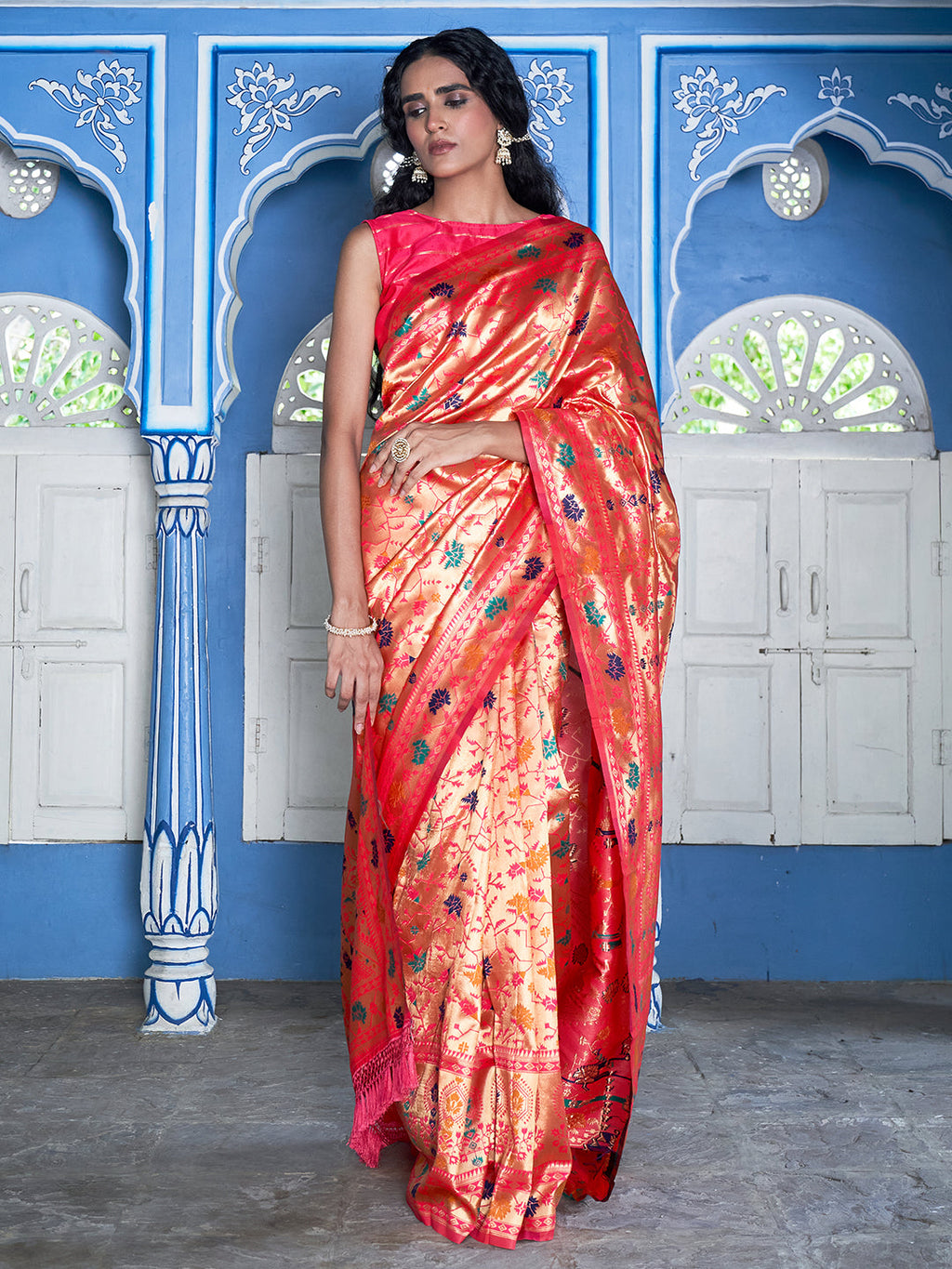 Janasya Pink Paithani Silk Woven Ethnic Motifs Paithani Silk Saree | Grocsy