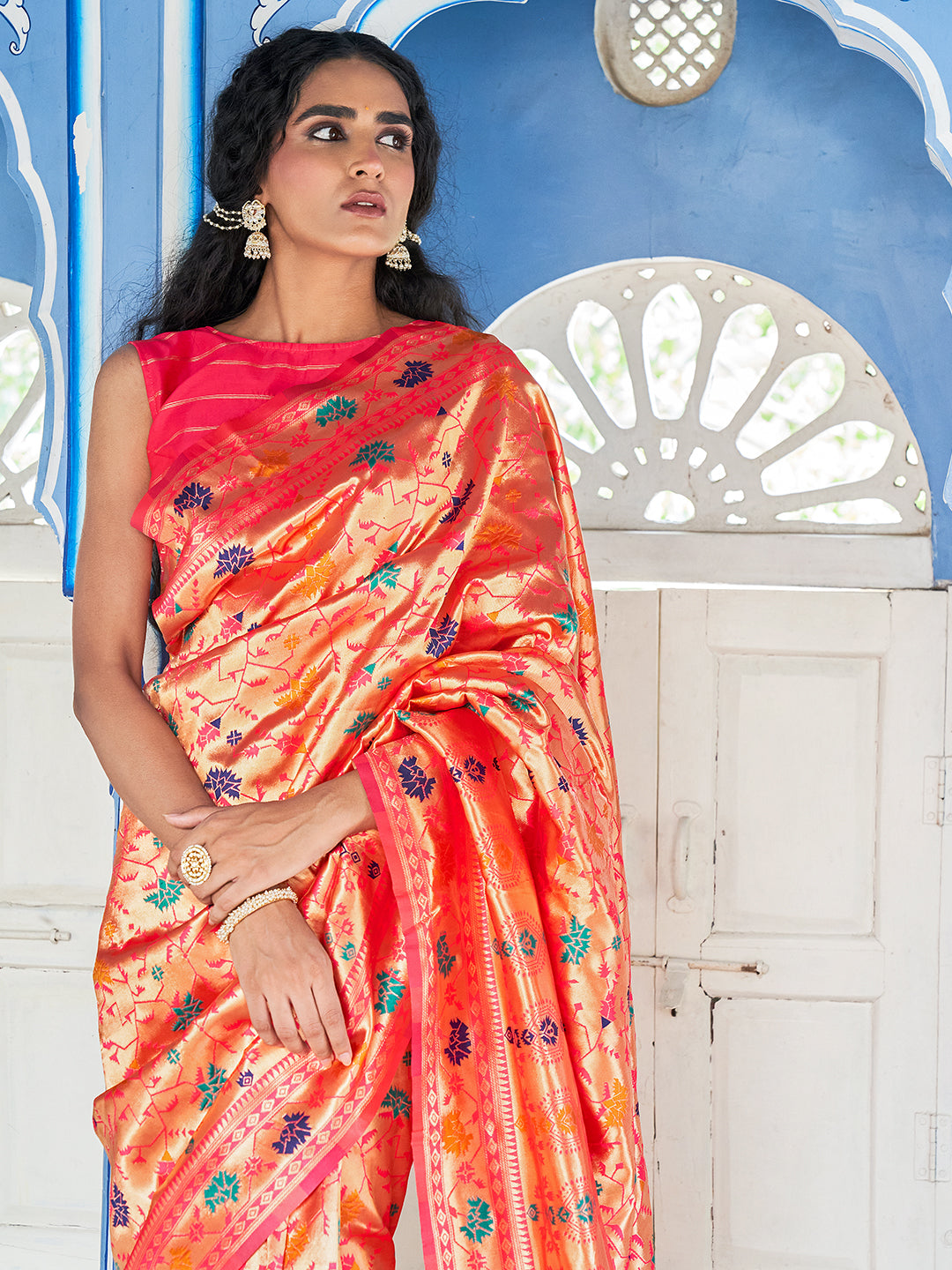 Janasya Pink Paithani Silk Woven Ethnic Motifs Paithani Silk Saree | Grocsy