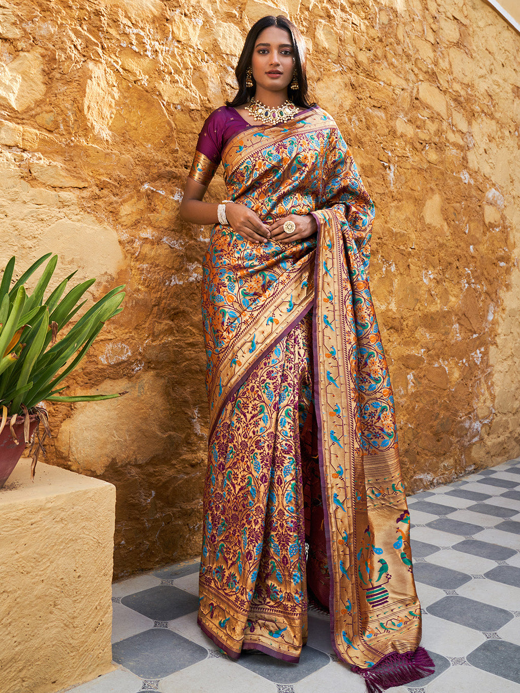 Janasya Wine Paithani Silk Woven Bagh Design Paithani Silk Saree | Grocsy