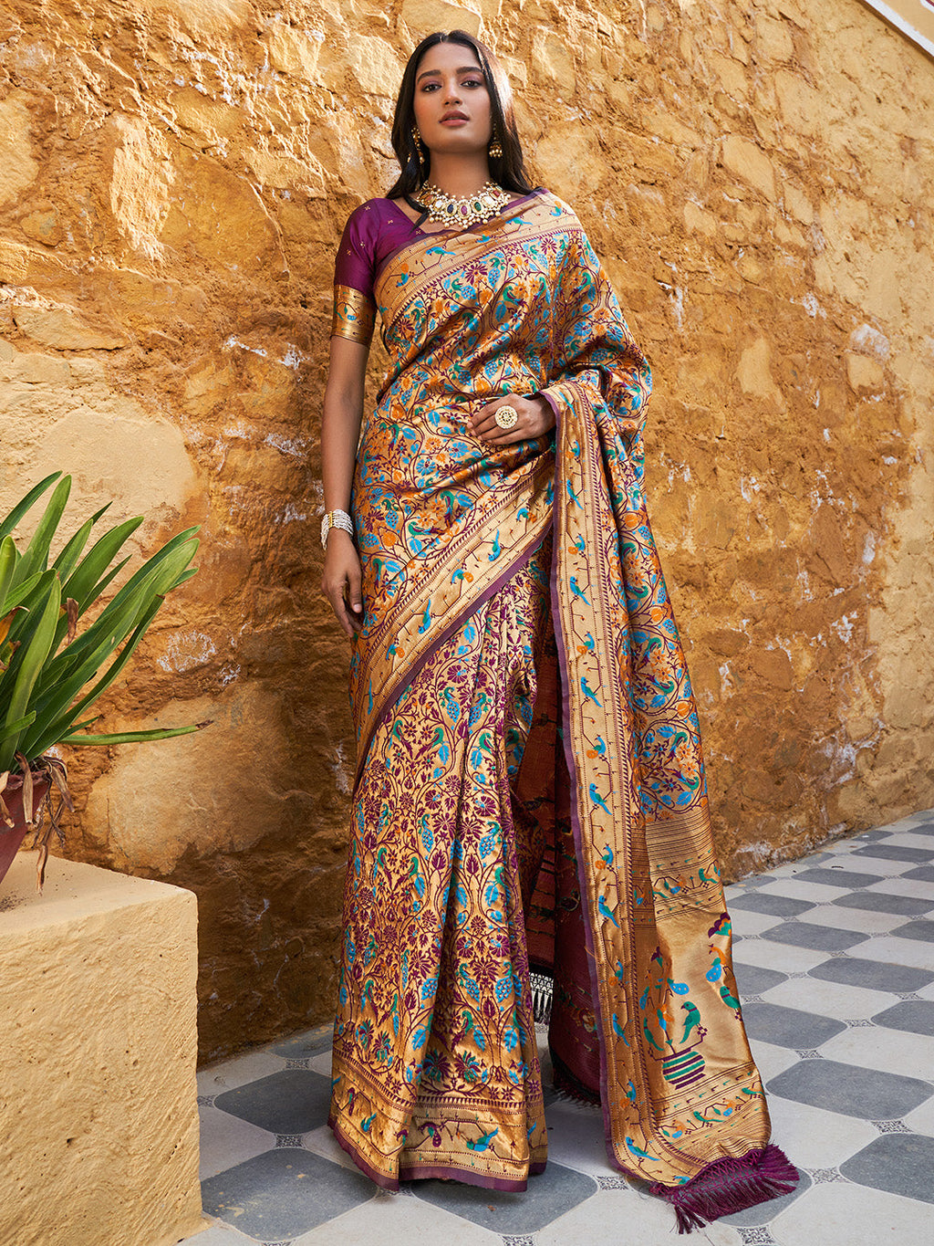 Janasya Wine Paithani Silk Woven Bagh Design Paithani Silk Saree | Grocsy