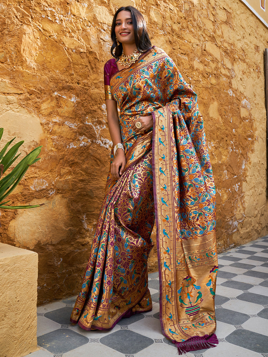 Janasya Wine Paithani Silk Woven Bagh Design Paithani Silk Saree | Grocsy