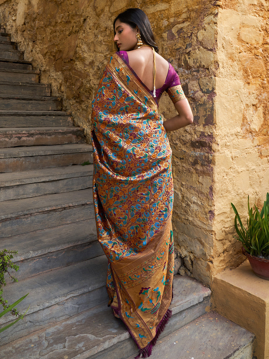 Janasya Wine Paithani Silk Woven Bagh Design Paithani Silk Saree | Grocsy