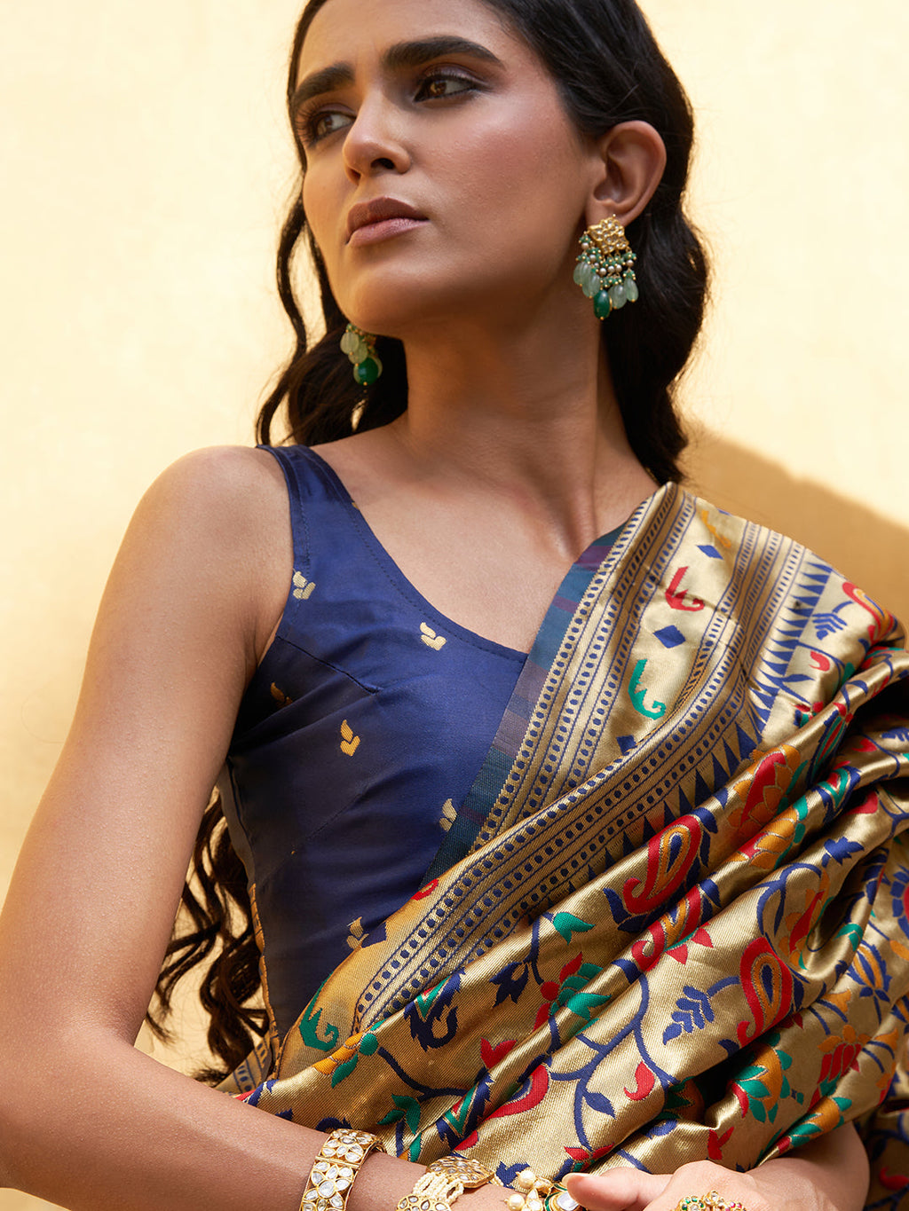 Janasya Golden Paithani Silk Woven Floral Design Paithani Silk Saree | Grocsy