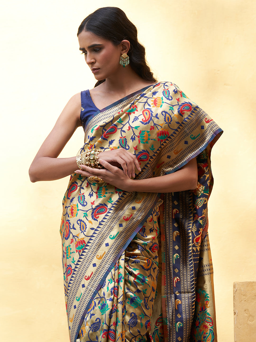 Janasya Golden Paithani Silk Woven Floral Design Paithani Silk Saree | Grocsy