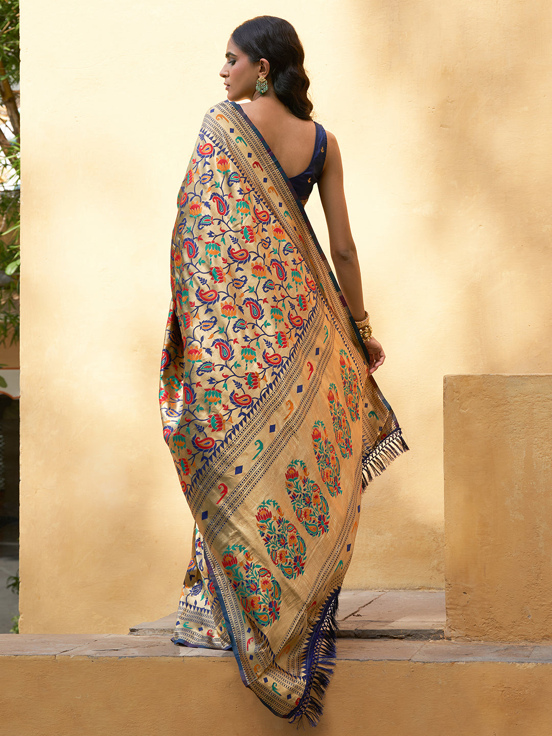 Janasya Golden Paithani Silk Woven Floral Design Paithani Silk Saree | Grocsy