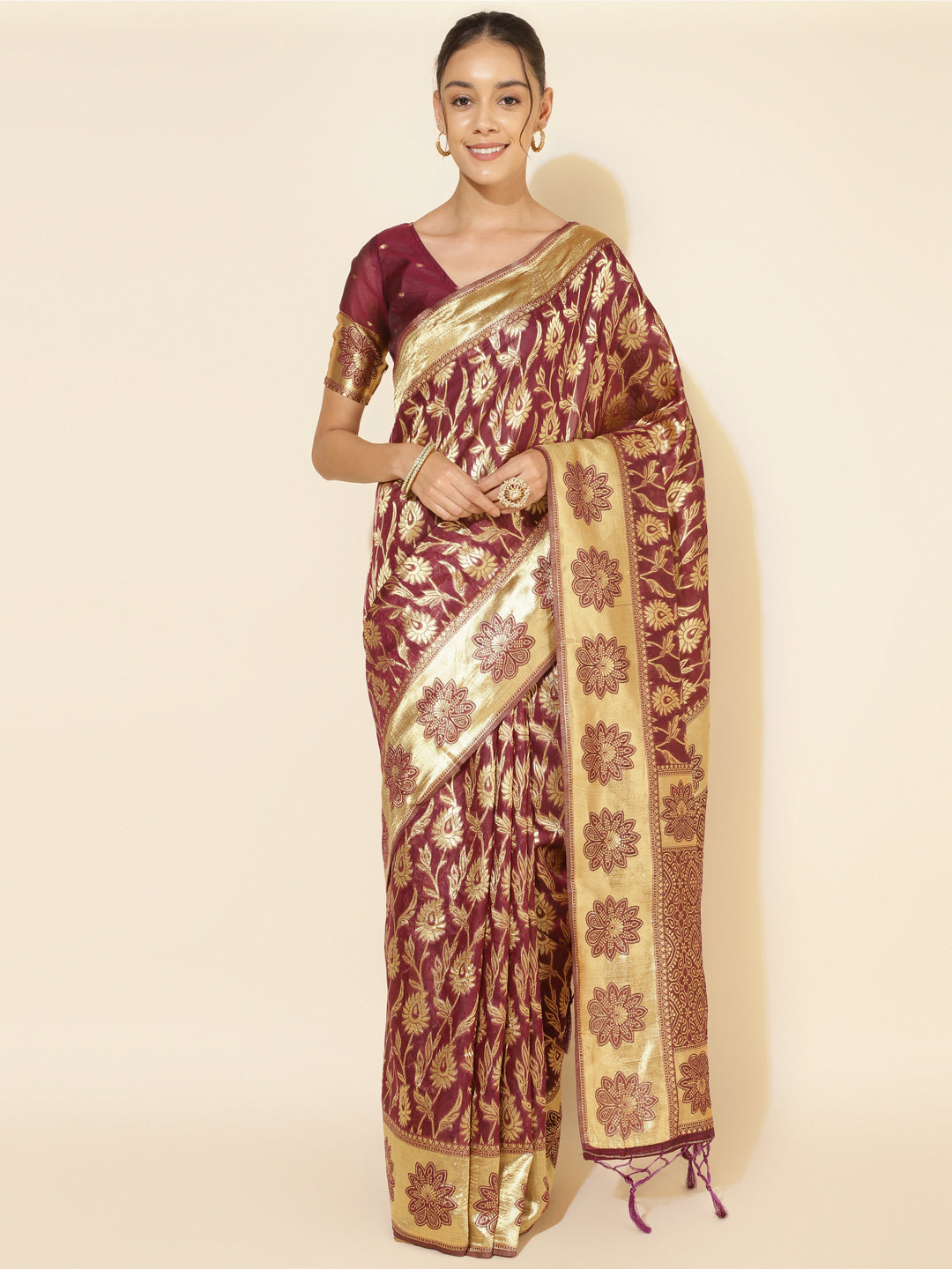 Janasya Wine Chanderi Silk Woven Paisley Chanderi Silk Saree | Grocsy