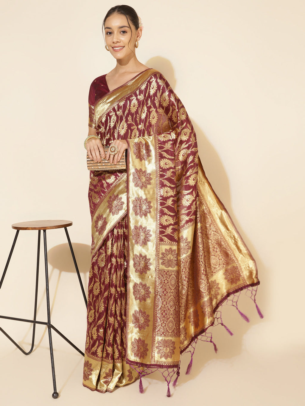 Janasya Wine Chanderi Silk Woven Paisley Chanderi Silk Saree | Grocsy