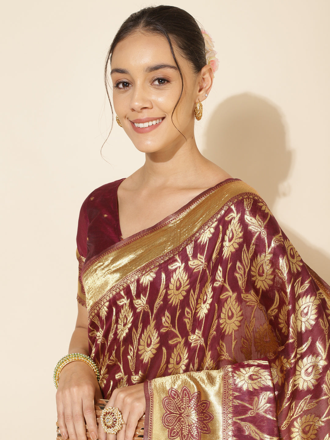Janasya Wine Chanderi Silk Woven Paisley Chanderi Silk Saree | Grocsy