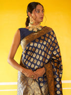 Janasya Navy Blue Banarasi Silk Woven Ethnic Motifs Banarasi Silk Saree | Grocsy