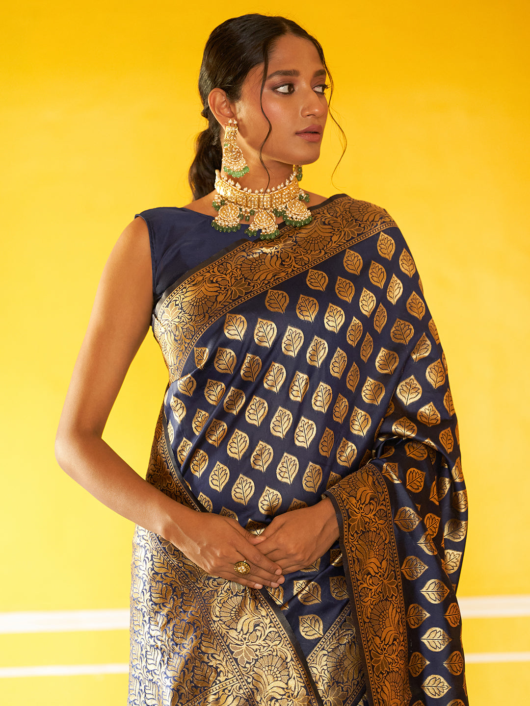 Janasya Navy Blue Banarasi Silk Woven Ethnic Motifs Banarasi Silk Saree | Grocsy