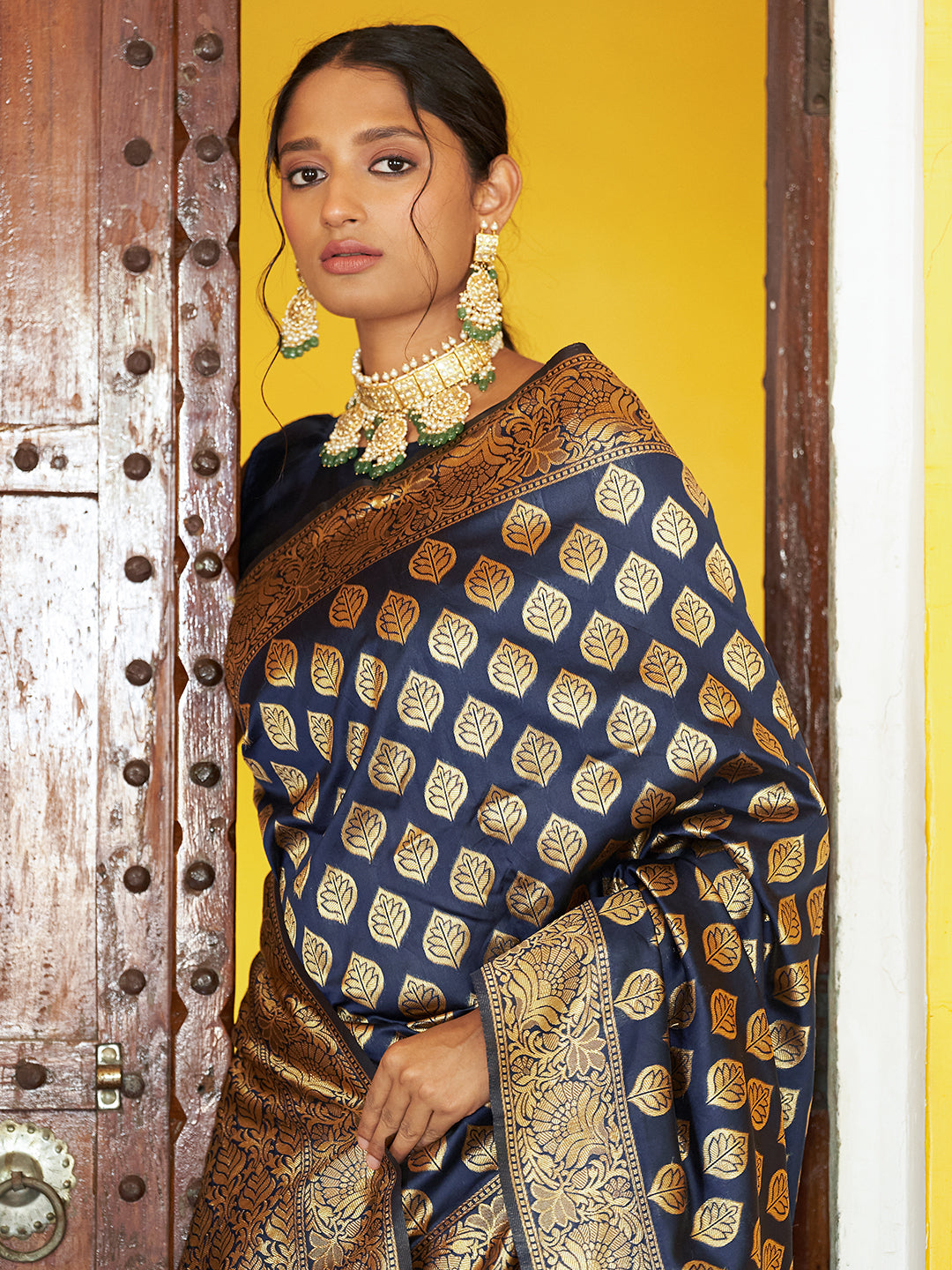 Janasya Navy Blue Banarasi Silk Woven Ethnic Motifs Banarasi Silk Saree | Grocsy