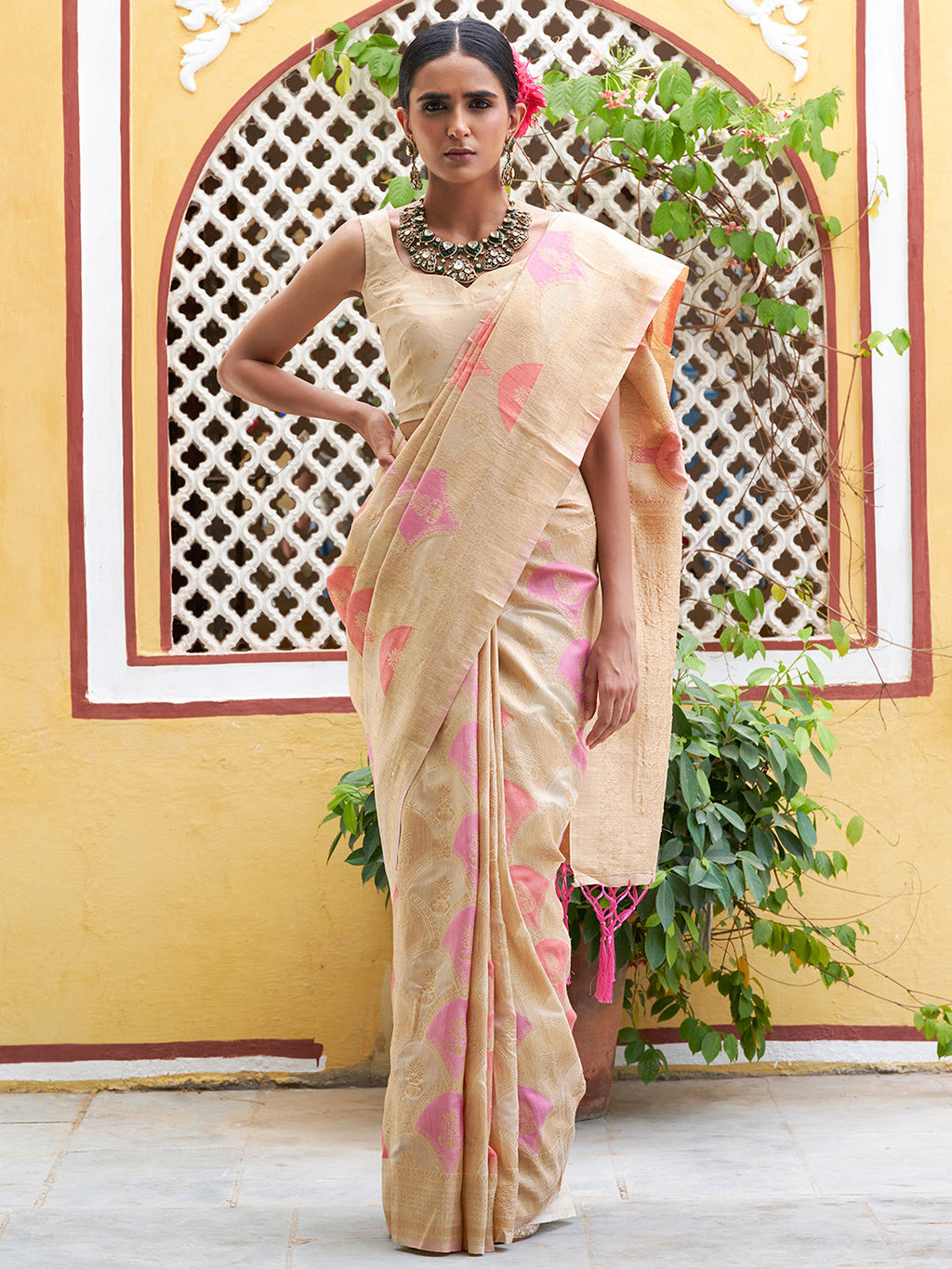 Janasya Cream Chanderi Silk Ethnic Motifs Woven Design Saree | Grocsy