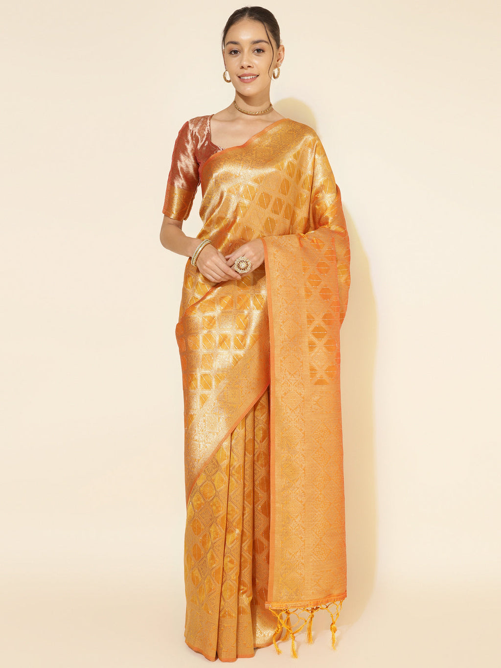 Janasya Yellow Organza Woven Ethnic Motifs Kanjeevaram Saree | Grocsy