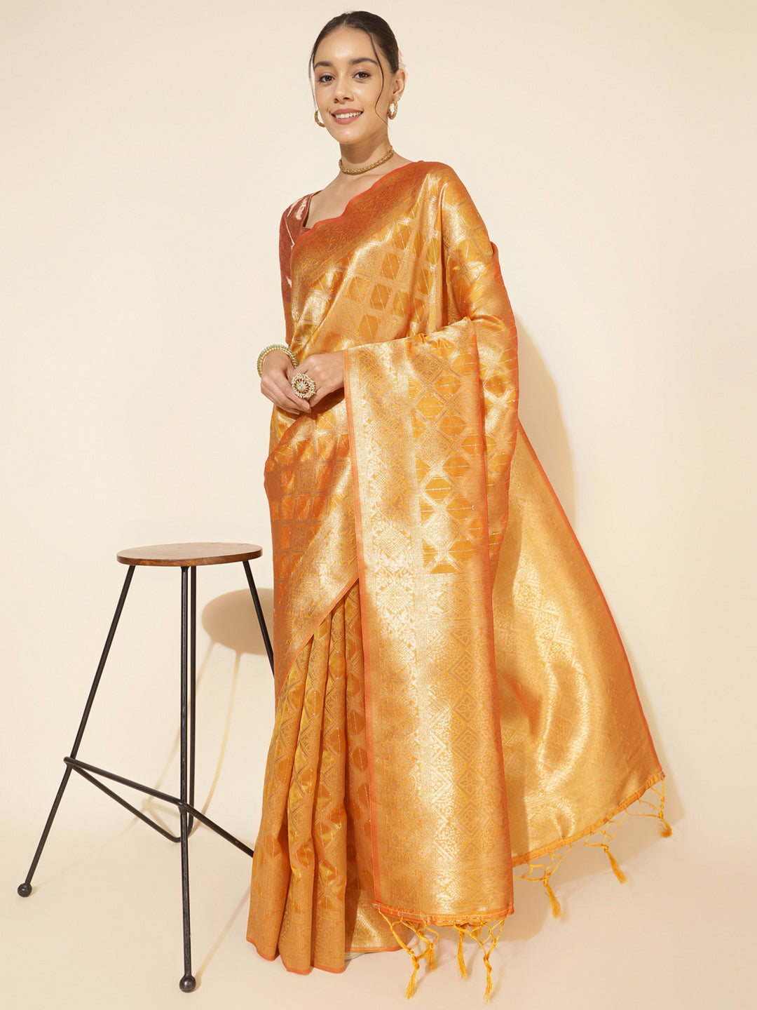 Janasya Yellow Organza Woven Ethnic Motifs Kanjeevaram Saree | Grocsy