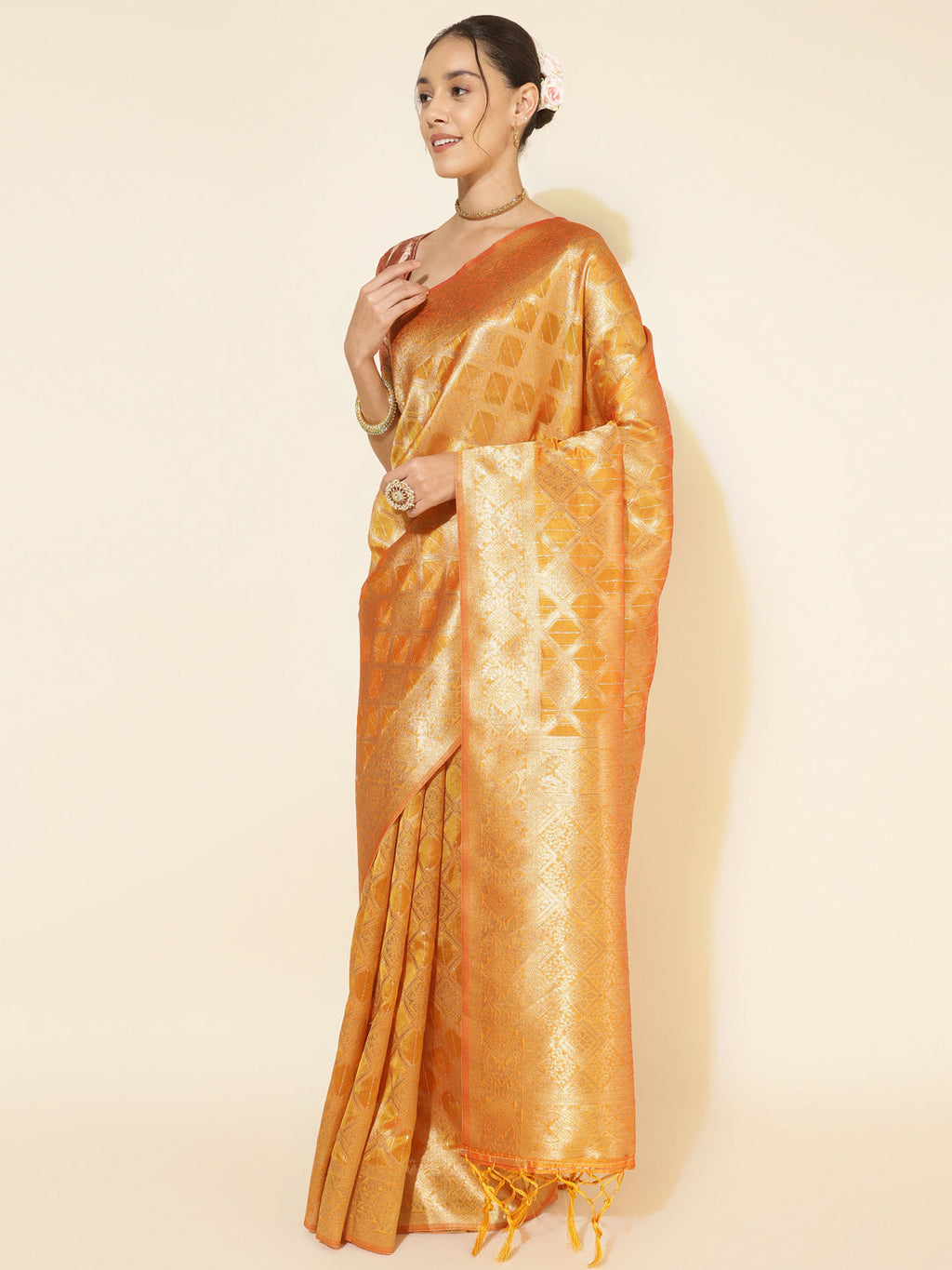 Janasya Yellow Organza Woven Ethnic Motifs Kanjeevaram Saree | Grocsy
