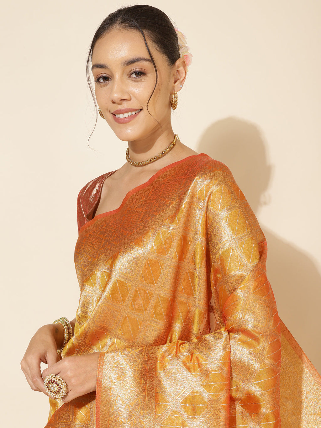 Janasya Yellow Organza Woven Ethnic Motifs Kanjeevaram Saree | Grocsy