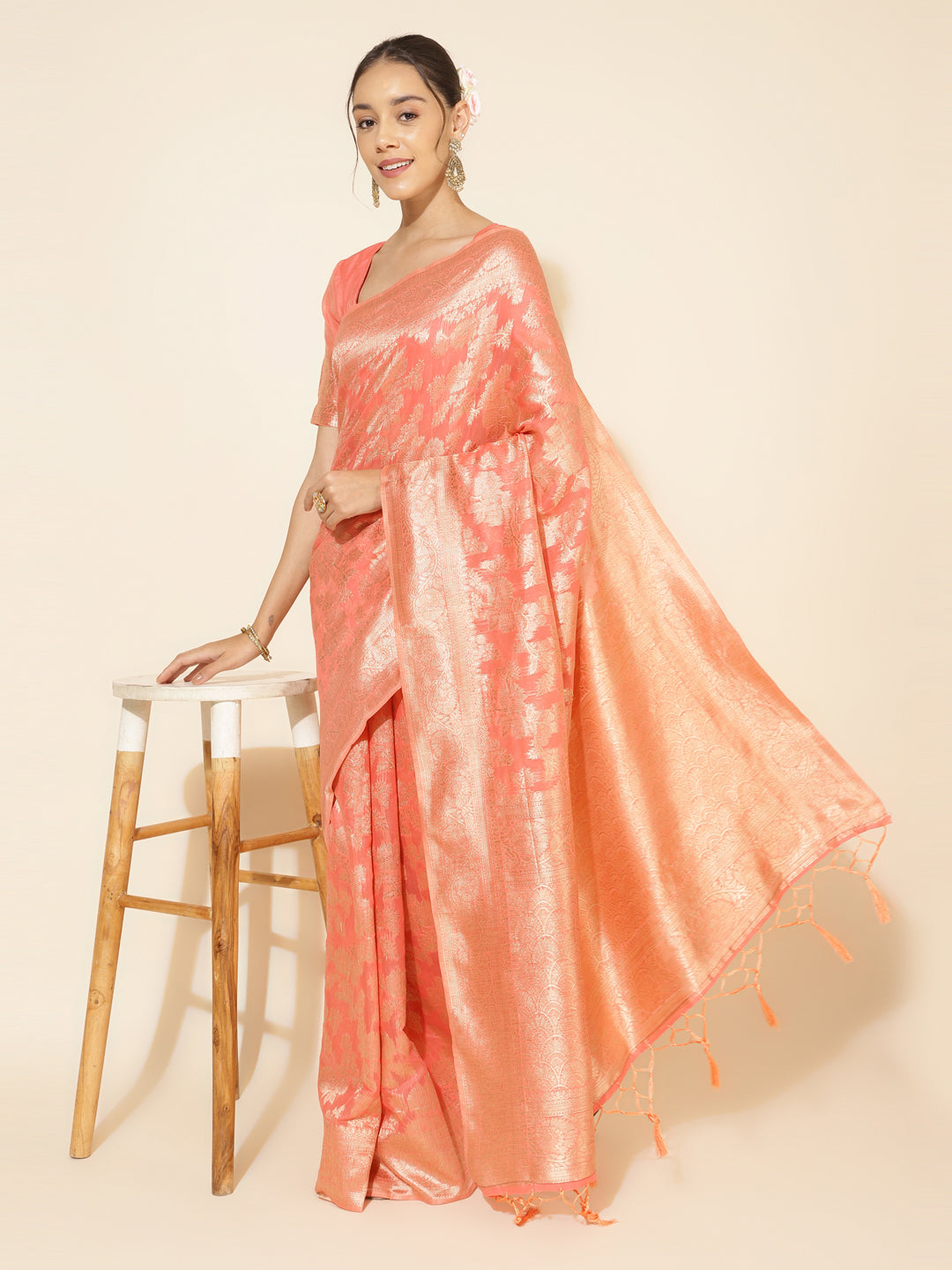 Janasya Peach Chanderi Silk Floral Woven Design Saree | Grocsy